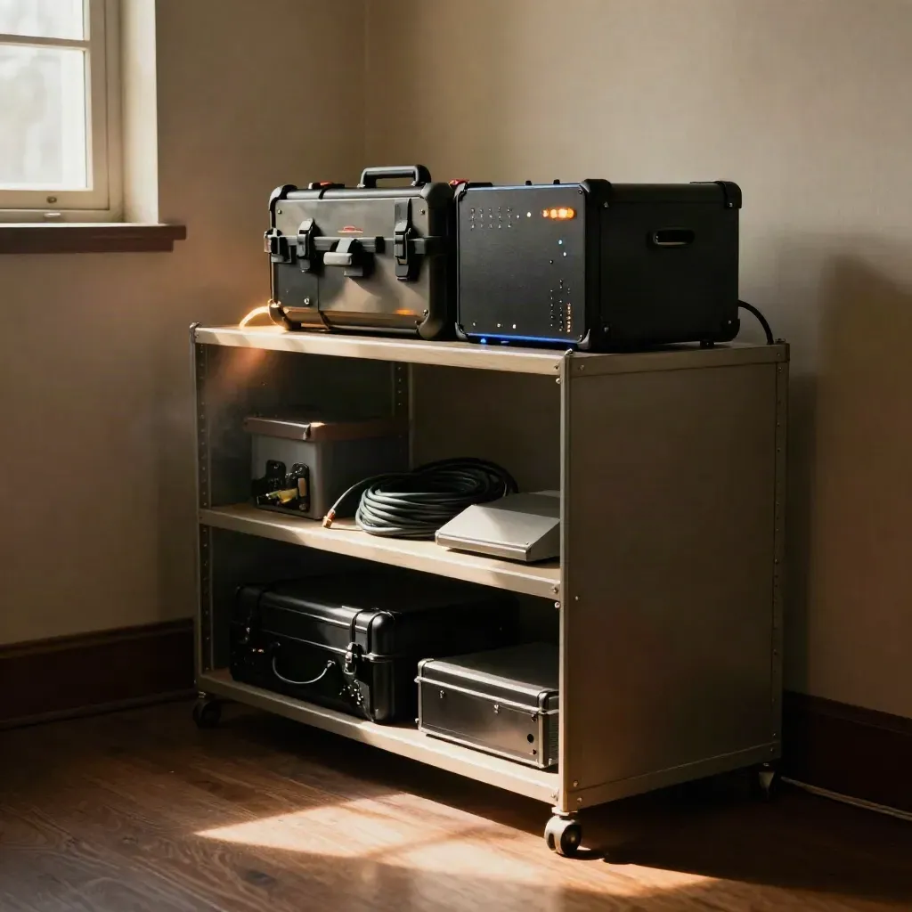 Amber alert light glowing on a monitoring shelf beside an incident kit in a quiet room.