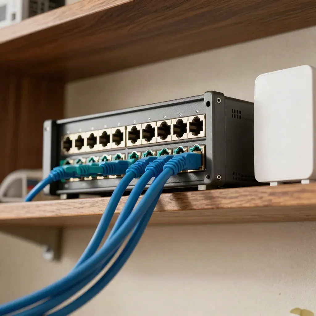 Firewall appliance, patch panel, blue ethernet runs, and a white access point on a plaster wall shelf