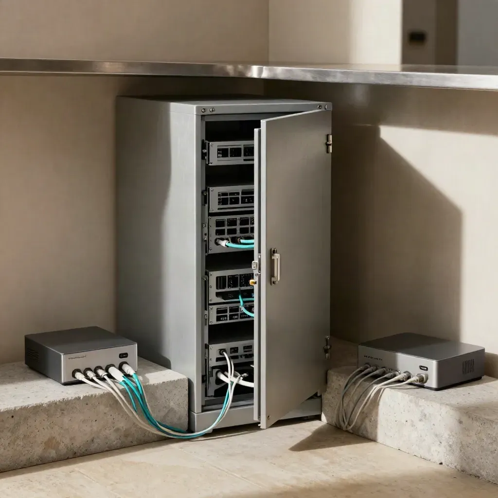Locked network cabinet and separated devices in a sunlit office alcove with tidy cable runs.