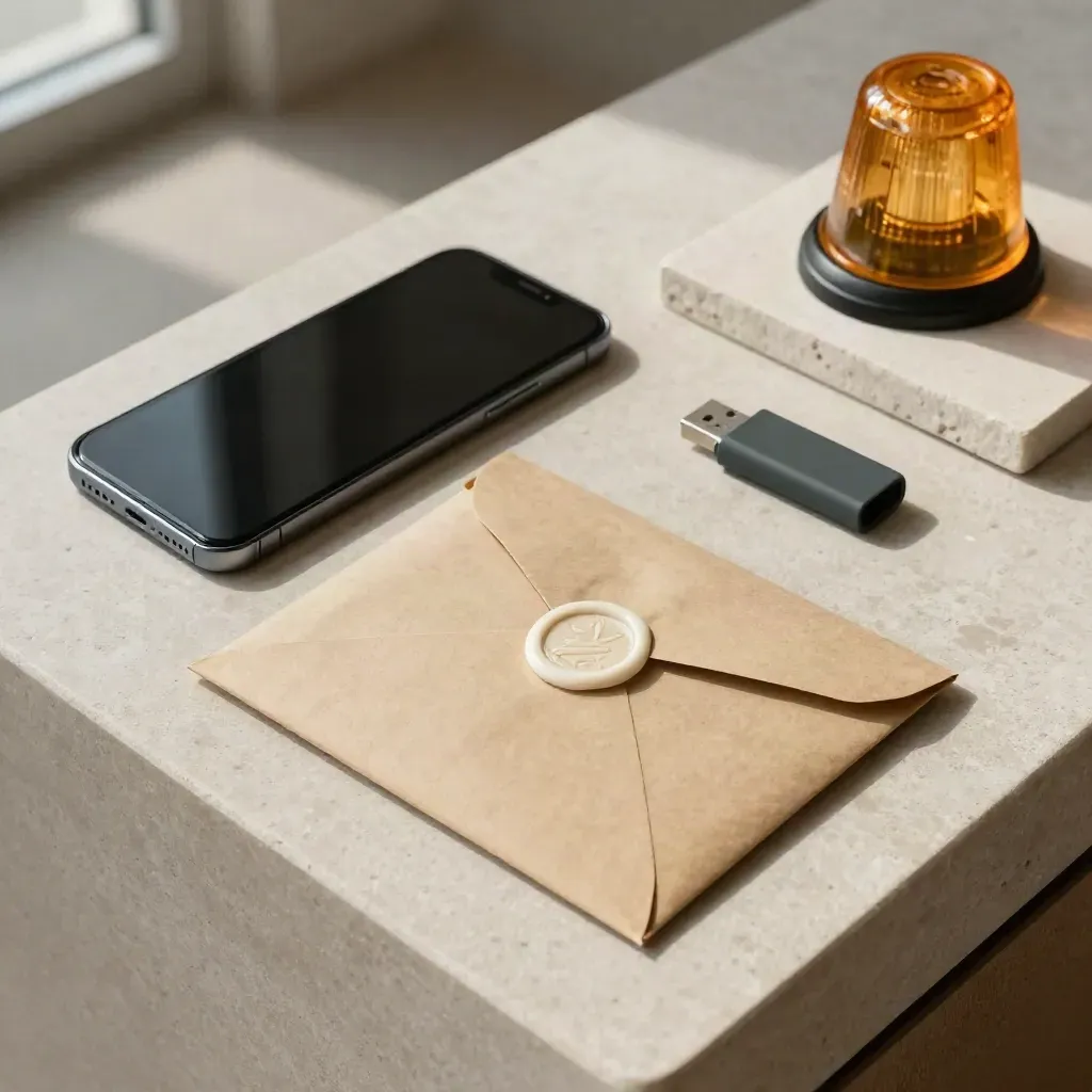 Phishing training kit with envelope, face-down phone, dummy USB stick and warning beacon on stone