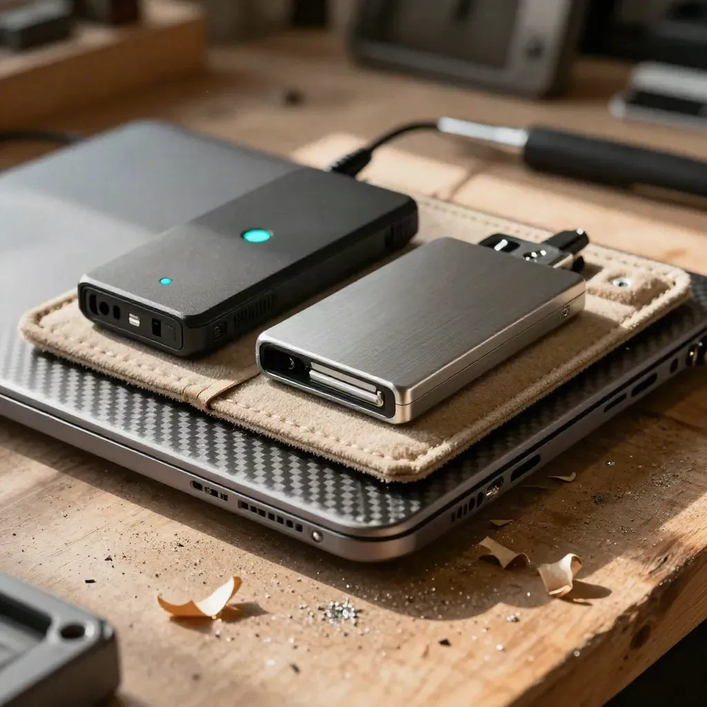 Packed cybersecurity remote kit on a workbench with laptop, router, encrypted drive and metal parts.
