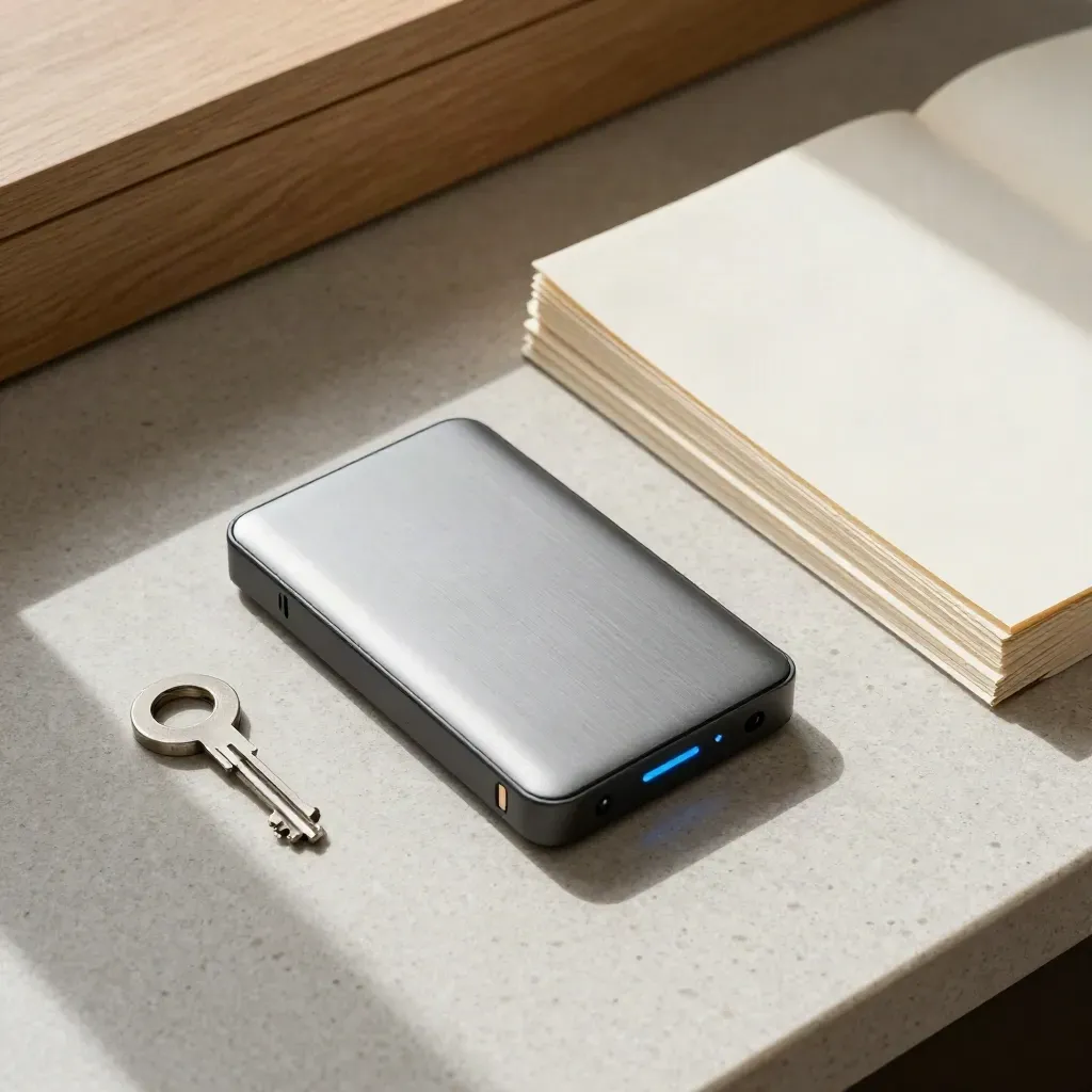 Top-down secured bookkeeping workstation with backup drive, token ring and face-down ledgers.