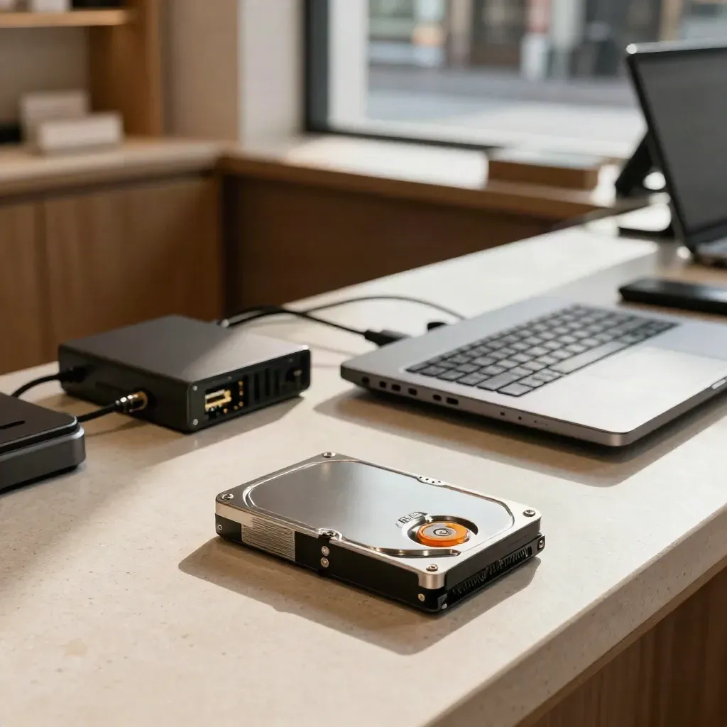 Replacement laptop, sealed backup drive, and POS dock on a retail counter in moody daylight.