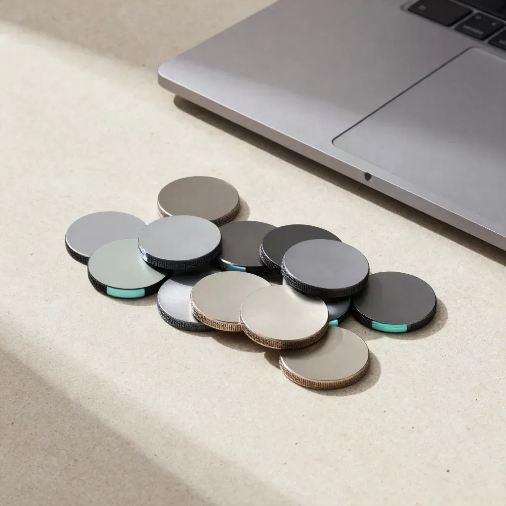 Top-down still life of security tokens, router, and closed laptop on pale stone.