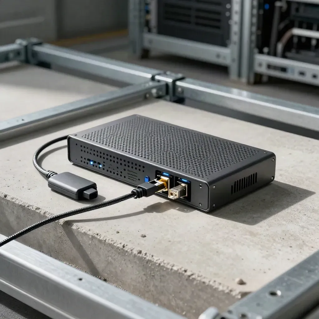 Firewall appliance, endpoint dongle, and ethernet bundle on concrete with blue status glow.