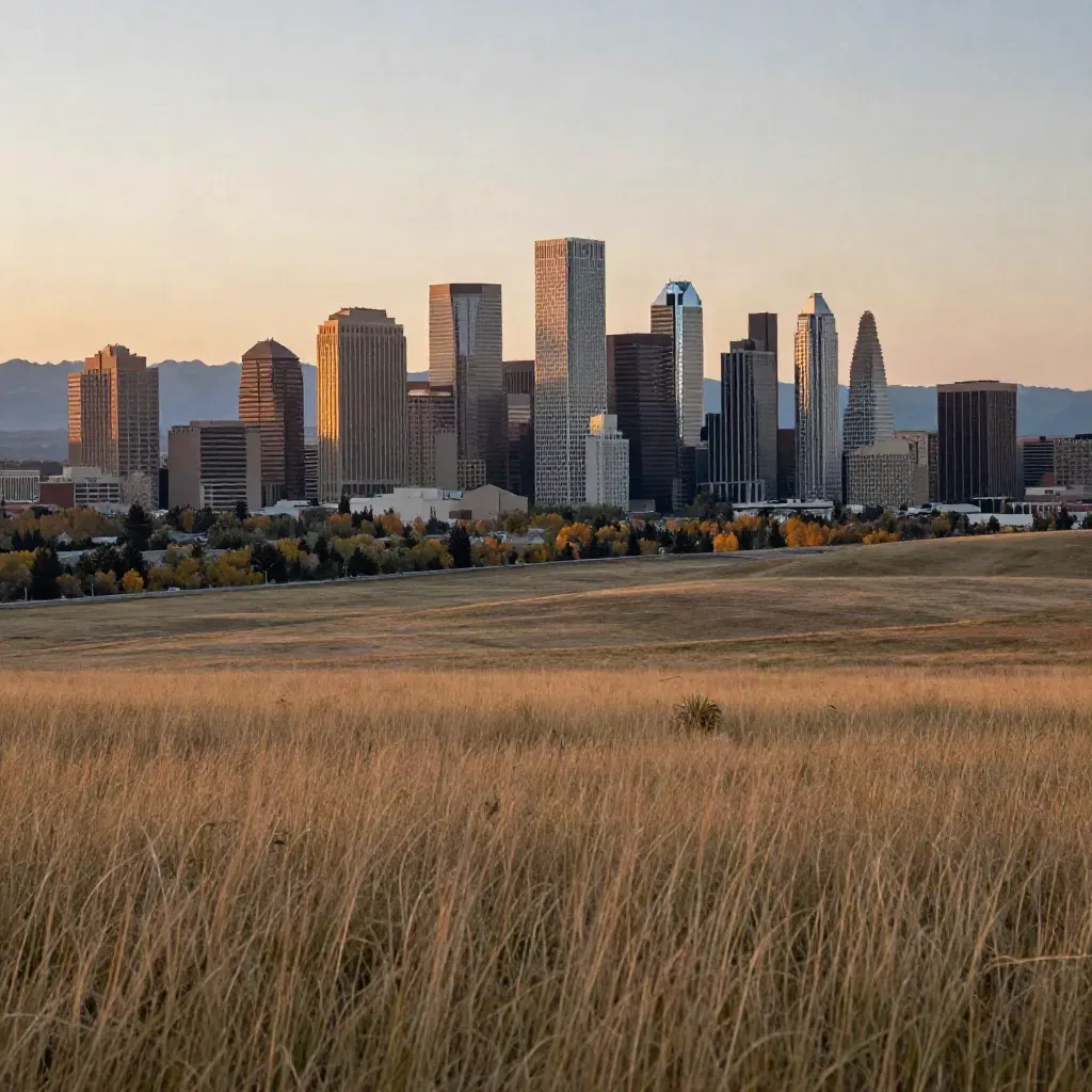 Calgary skyline high above a hazy prairie at sunset, Rockies faint beyond the horizon.
